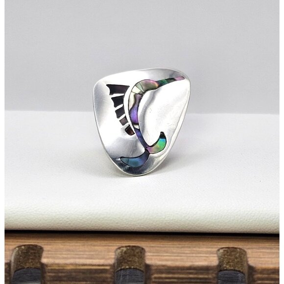 Alpaca Silver Screw Back Earring Abalone Inlay Swordfish Upcycle Craft - Picture 14 of 15